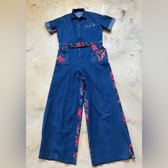 Handmade Pants - Handmade Boho Floral Denim Wide Leg Jumpsuit S/M Cotton Blend One Piece